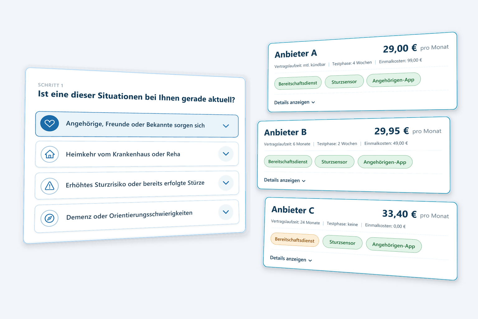 Hausnotruf-Finder: Fragen zur persönlichen Situation und passende Hausnotruf-Angebote mit Monatspreisen