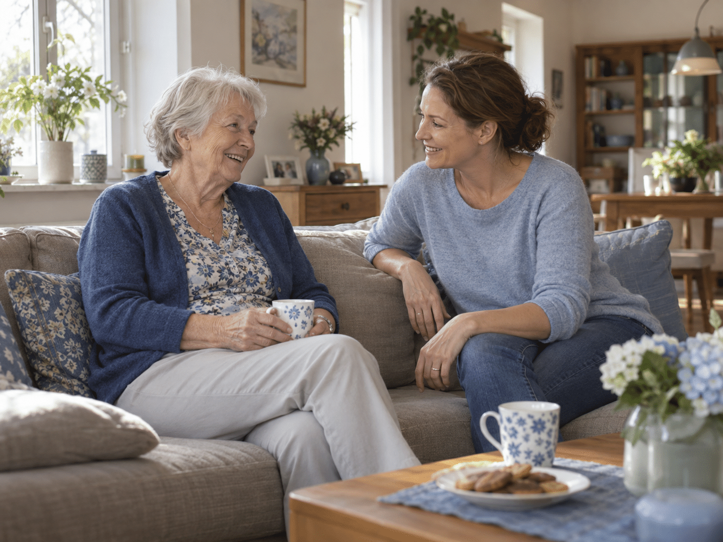 Ältere Frau und jüngere Frau unterhalten sich bei einer Tasse Kaffee auf dem Sofa im Wohnzimmer